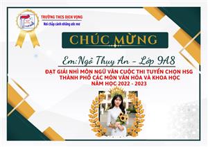 KẾT QUẢ KÌ THI HỌC SINH GIỎI THÀNH PHỐ CÁC MÔN VĂN HÓA VÀ KHOA HỌC NĂM HỌC 2022 - 2023