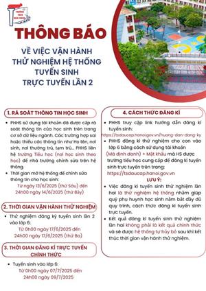 THÔNG BÁO VỀ VIỆC VẬN HÀNH THỬ NGHIỆM HỆ THỐNG TUYỂN SINH ĐẦU CẤP LỚP 6 TRỰC TUYẾN LẦN 2