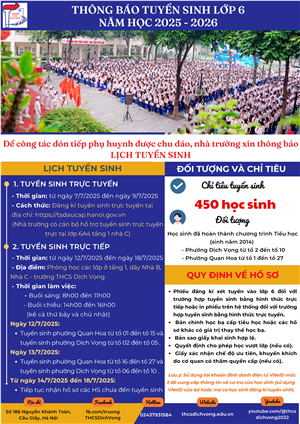 THÔNG BÁO 2: TUYỂN SINH LỚP 6 NĂM HỌC 2025 - 2026